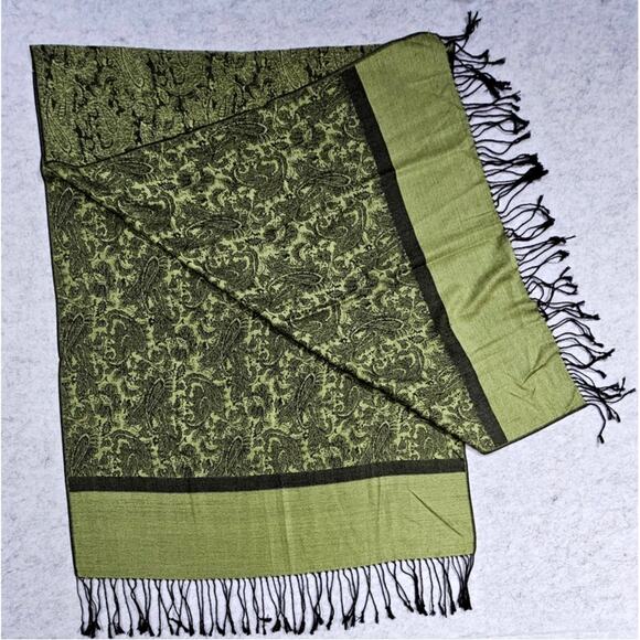 pashmina Accessories - Pashmina Scarf /Wrap 70% Cashmere, 30% Silk Green Jacquard Fringe 28x72 New